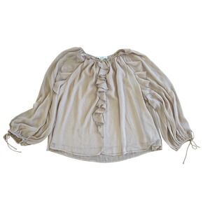 LOFT Beige Ruffle Front Sheer Blouse Long Sleeve Womens XL Whimsy Festive Office